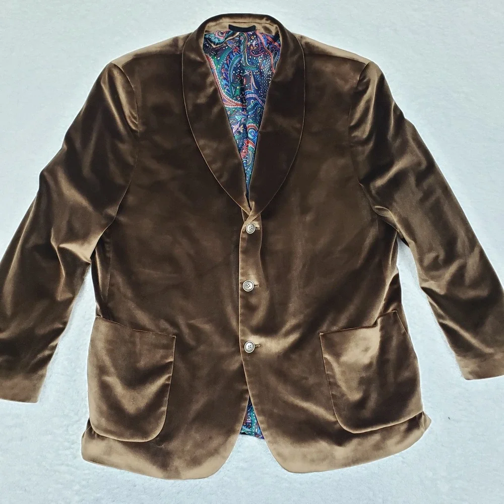 Tallia Mens Brown Velvet Shawl Lapel Blazer Paisley Lining 48R Smoking Jacket